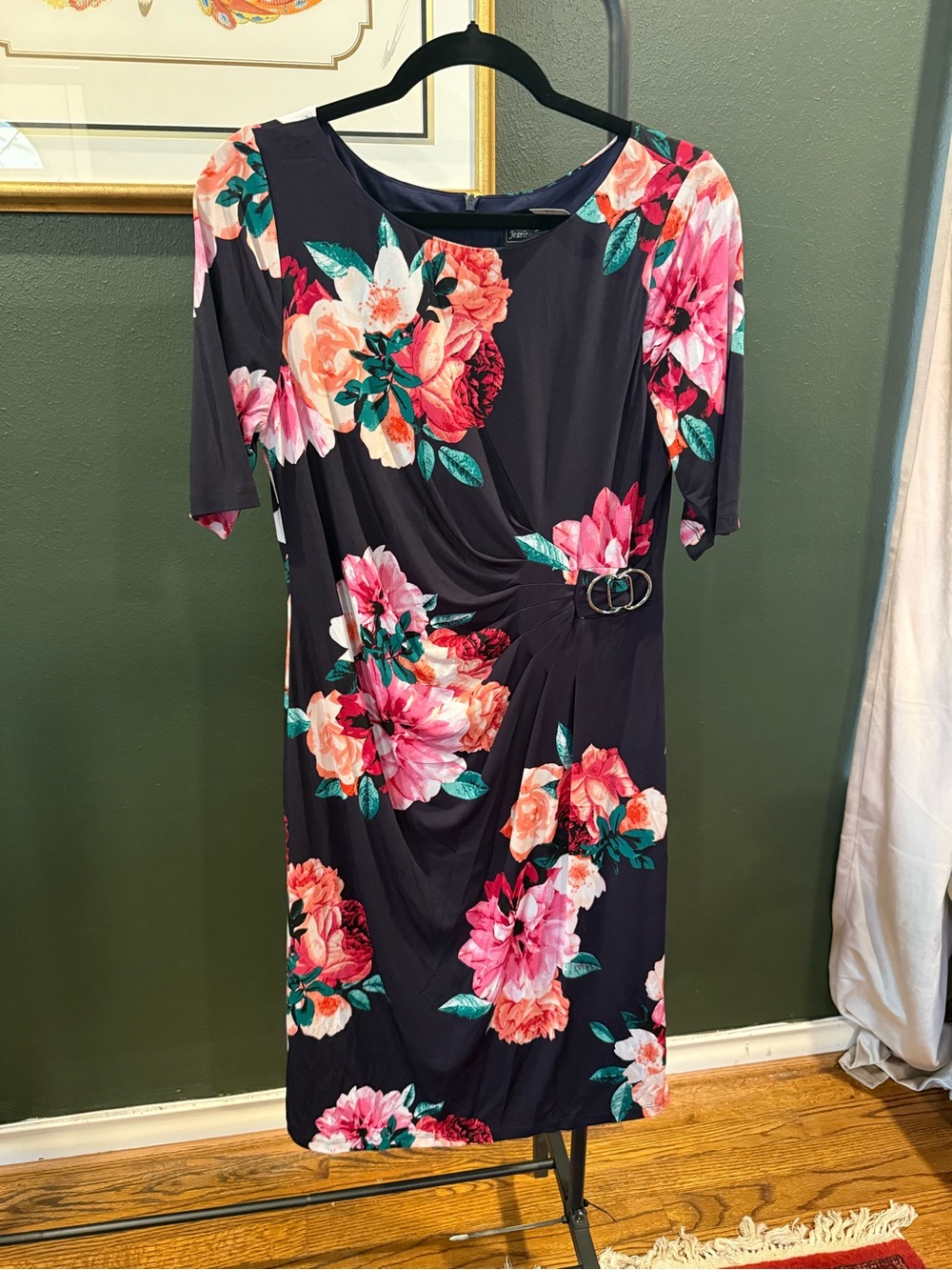 Jessica Howard Black Floral Midi Dress with Pink and Coral Blooms